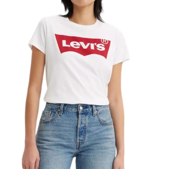 LEVIS White Red Tab Graphic Logo Crewneck T-Shirt Short Sleeve Cotton M - Picture 1 of 11